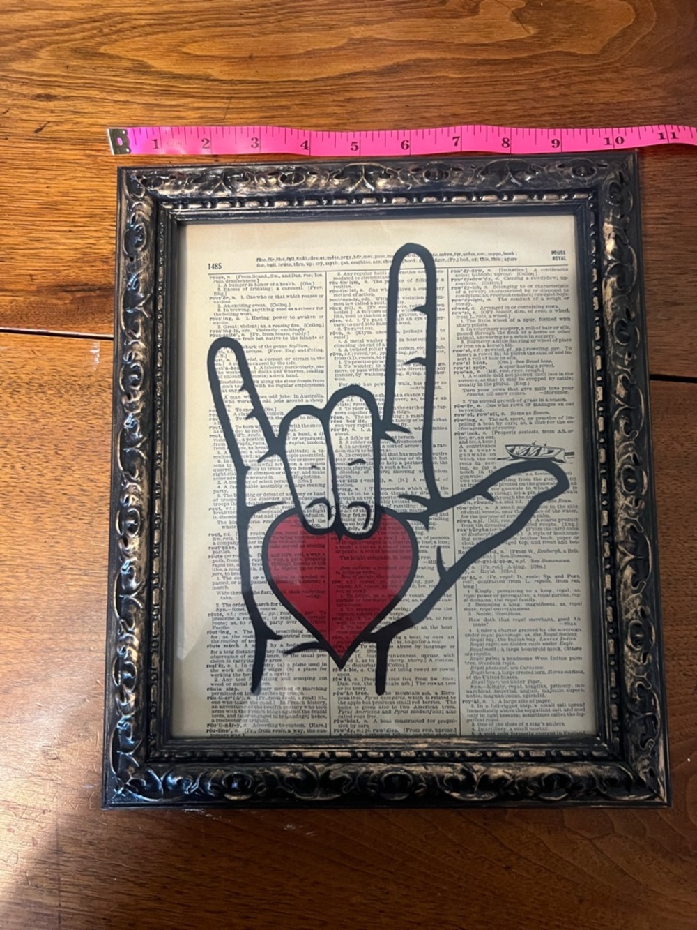 Framed Dictionary Page Art with Red Heart Hand Illustration